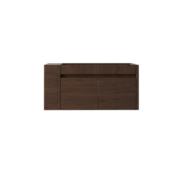 English Elm 36 Inch Floating Bathroom Vanity with Plywood Build Soft Close Drawers Open Shelving Brown B2775P510781
