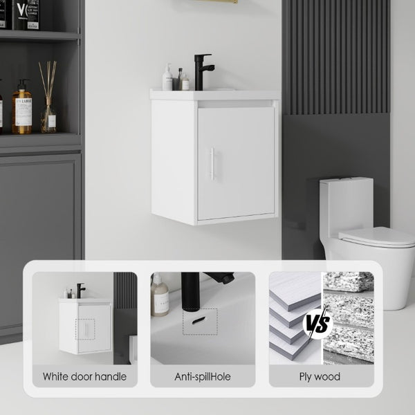 English Elm 16 Inch Floating Vanity with Ceramic Sink Soft Close Cabinet for Small Bathrooms White B2775P510782