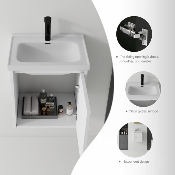 English Elm 16 Inch Floating Vanity with Ceramic Sink Soft Close Cabinet for Small Bathrooms White B2775P510782