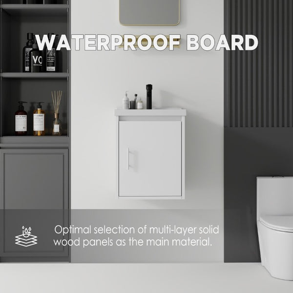 English Elm 16 Inch Floating Vanity with Ceramic Sink Soft Close Cabinet for Small Bathrooms White B2775P510782
