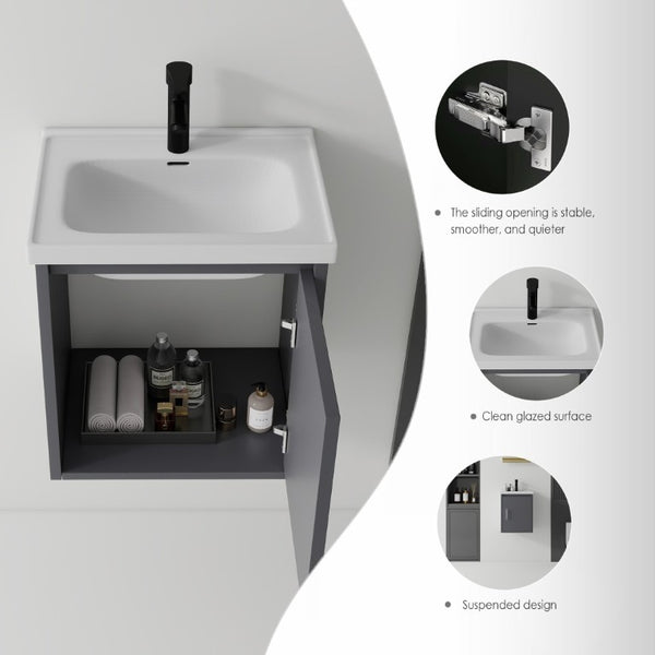 English Elm 16 Inch Floating Vanity with Ceramic Sink Soft Close Cabinet for Small Bathrooms Grey - A B2775P510783