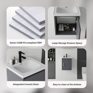 English Elm 16 Inch Floating Vanity with Ceramic Sink Soft Close Cabinet for Small Bathrooms Grey - A B2775P510783