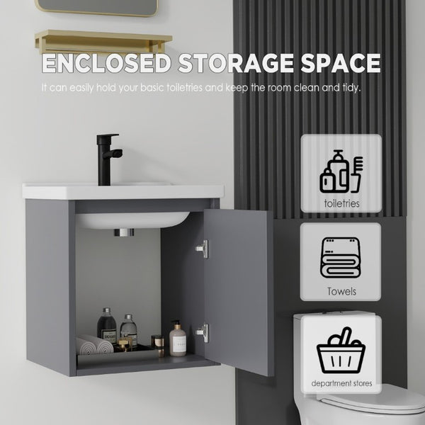 English Elm 16 Inch Floating Vanity with Ceramic Sink Soft Close Cabinet for Small Bathrooms Grey - A B2775P510783