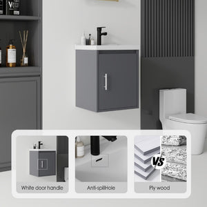 English Elm 16 Inch Floating Vanity with Ceramic Sink Soft Close Cabinet for Small Bathrooms Grey - A B2775P510783