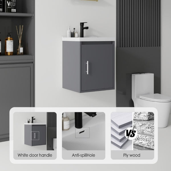 English Elm 16 Inch Floating Vanity with Ceramic Sink Soft Close Cabinet for Small Bathrooms Grey - A B2775P510783