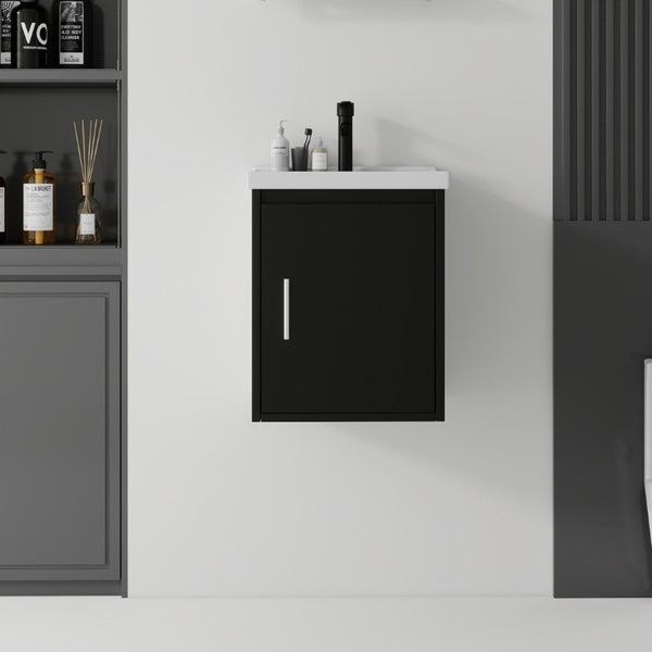 English Elm 16 Inch Floating Vanity with Ceramic Sink Soft Close Cabinet for Small Bathrooms Black B2775P510785