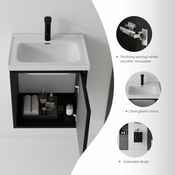 English Elm 16 Inch Floating Vanity with Ceramic Sink Soft Close Cabinet for Small Bathrooms Black B2775P510785