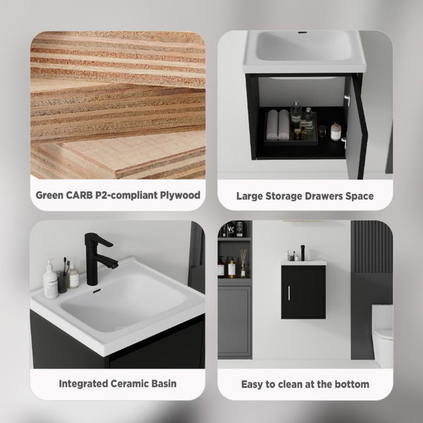 English Elm 16 Inch Floating Vanity with Ceramic Sink Soft Close Cabinet for Small Bathrooms Black B2775P510785