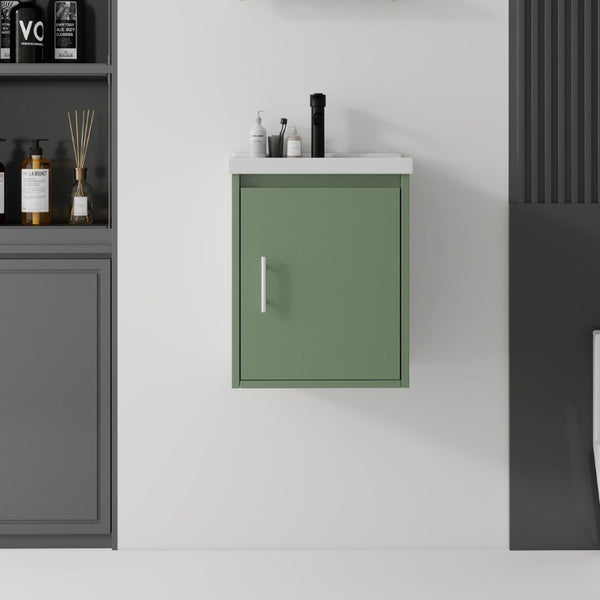 English Elm 16 Inch Floating Vanity with Ceramic Sink Soft Close Cabinet for Small Bathrooms Green B2775P510786