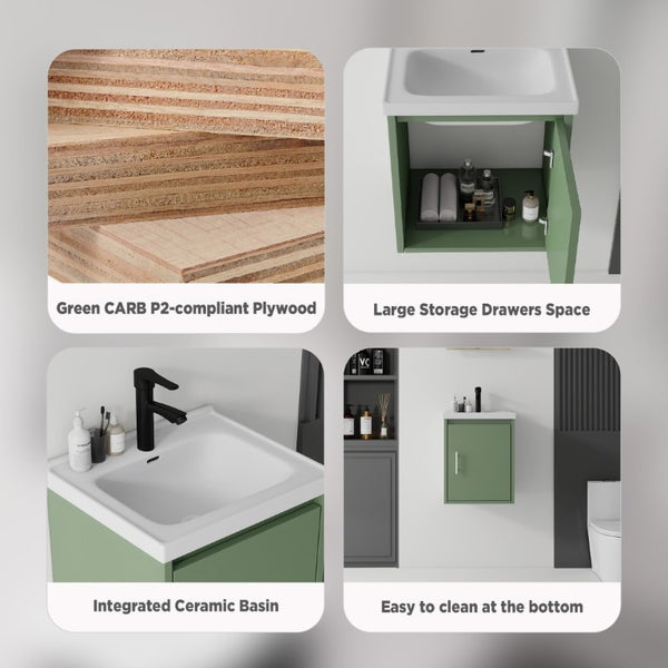 English Elm 16 Inch Floating Vanity with Ceramic Sink Soft Close Cabinet for Small Bathrooms Green B2775P510786