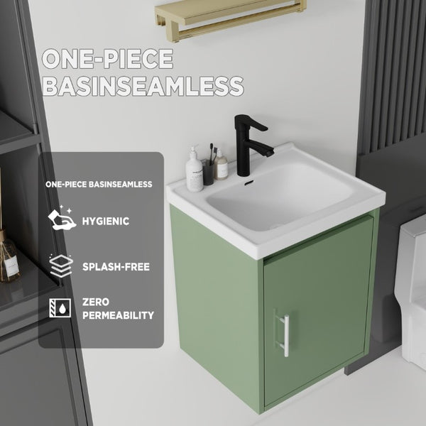 English Elm 16 Inch Floating Vanity with Ceramic Sink Soft Close Cabinet for Small Bathrooms Green B2775P510786