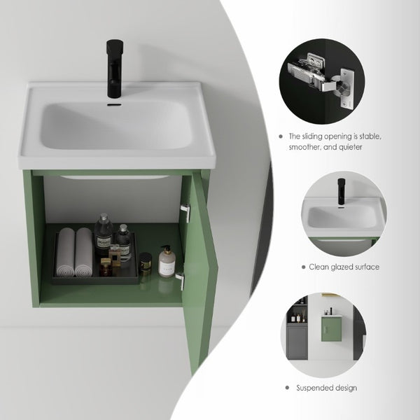 English Elm 16 Inch Floating Vanity with Ceramic Sink Soft Close Cabinet for Small Bathrooms Green B2775P510786