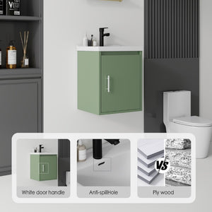 English Elm 16 Inch Floating Vanity with Ceramic Sink Soft Close Cabinet for Small Bathrooms Green B2775P510786