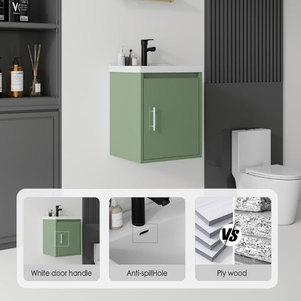 English Elm 16 Inch Floating Vanity with Ceramic Sink Soft Close Cabinet for Small Bathrooms Green B2775P510786
