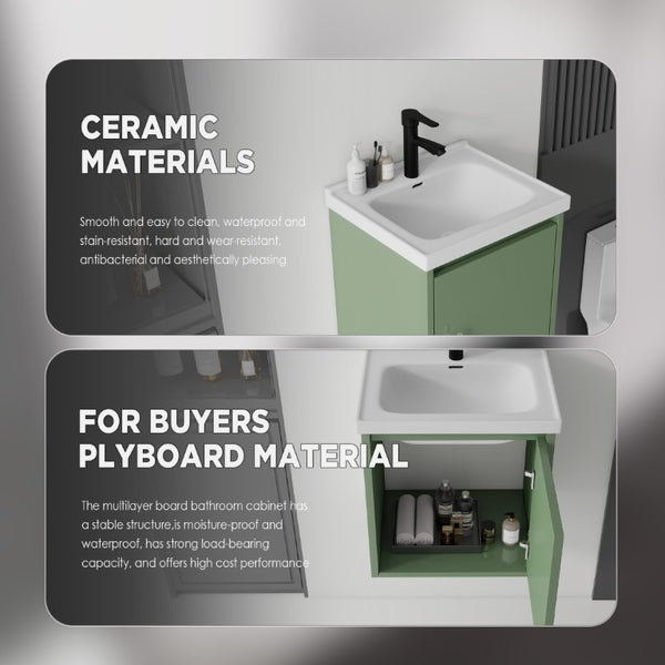 English Elm 16 Inch Floating Vanity with Ceramic Sink Soft Close Cabinet for Small Bathrooms Green B2775P510786