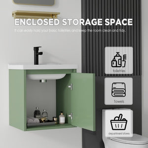 English Elm 16 Inch Floating Vanity with Ceramic Sink Soft Close Cabinet for Small Bathrooms Green B2775P510786