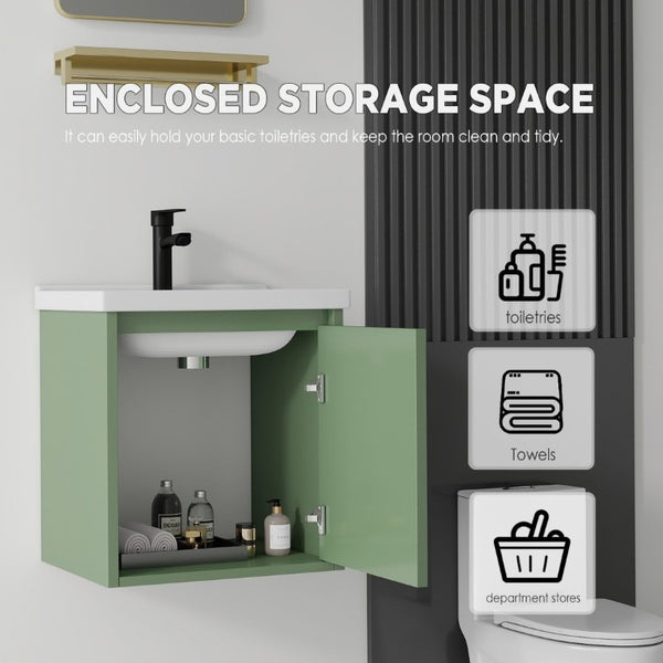 English Elm 16 Inch Floating Vanity with Ceramic Sink Soft Close Cabinet for Small Bathrooms Green B2775P510786