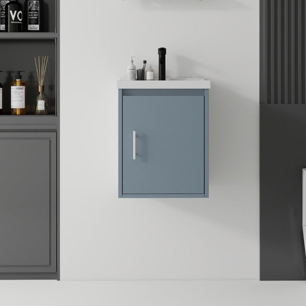 English Elm 16 Inch Floating Vanity with Ceramic Sink Soft Close Cabinet for Small Bathrooms Blue B2775P510787