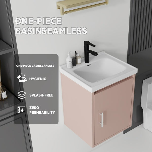 English Elm 16 Inch Floating Vanity with Ceramic Sink Soft Close Cabinet for Small Bathrooms Pink B2775P510788