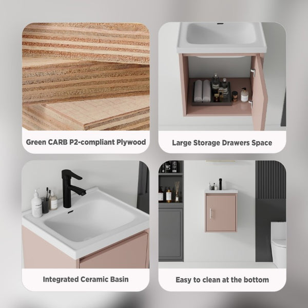 English Elm 16 Inch Floating Vanity with Ceramic Sink Soft Close Cabinet for Small Bathrooms Pink B2775P510788