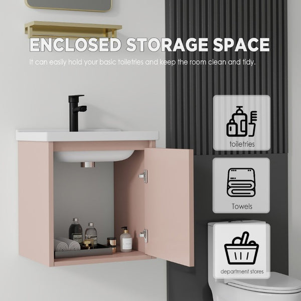 English Elm 16 Inch Floating Vanity with Ceramic Sink Soft Close Cabinet for Small Bathrooms Pink B2775P510788
