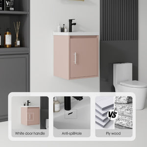 English Elm 16 Inch Floating Vanity with Ceramic Sink Soft Close Cabinet for Small Bathrooms Pink B2775P510788