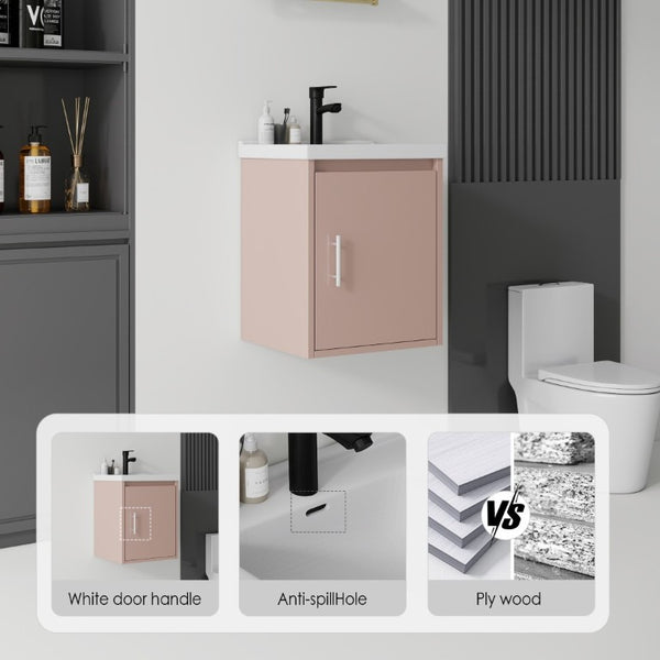 English Elm 16 Inch Floating Vanity with Ceramic Sink Soft Close Cabinet for Small Bathrooms Pink B2775P510788