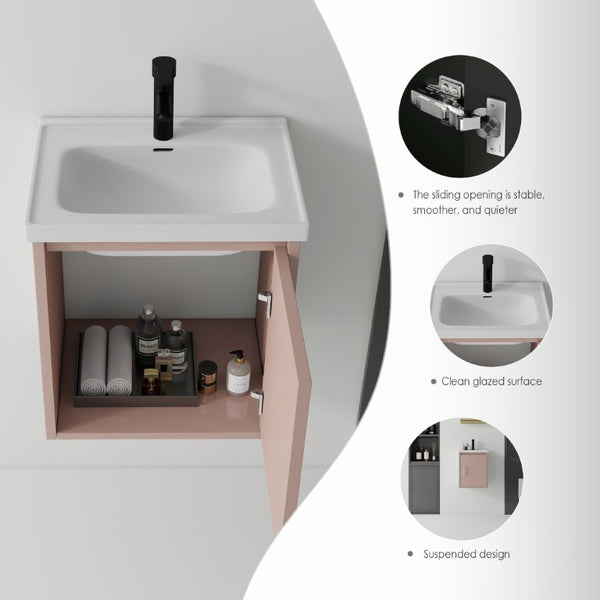 English Elm 16 Inch Floating Vanity with Ceramic Sink Soft Close Cabinet for Small Bathrooms Pink B2775P510788