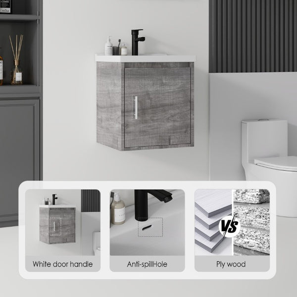 English Elm 16 Inch Floating Vanity with Ceramic Sink Soft Close Cabinet for Small Bathrooms Grey - B B2775P510789