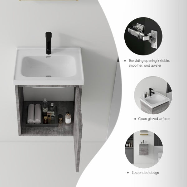 English Elm 16 Inch Floating Vanity with Ceramic Sink Soft Close Cabinet for Small Bathrooms Grey - B B2775P510789