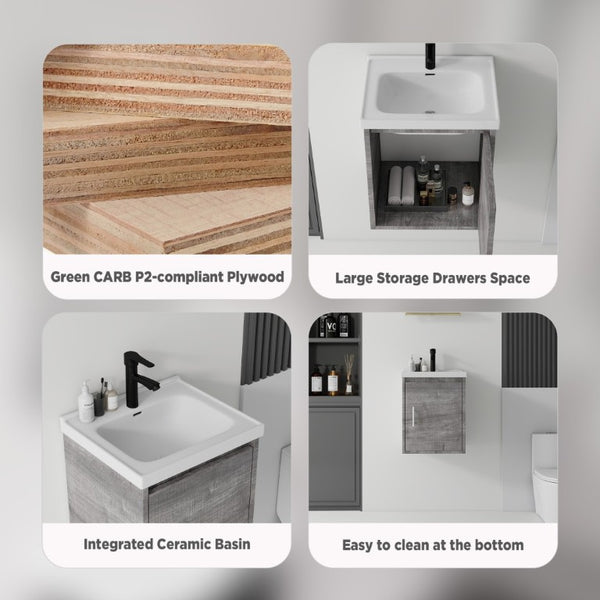 English Elm 16 Inch Floating Vanity with Ceramic Sink Soft Close Cabinet for Small Bathrooms Grey - B B2775P510789