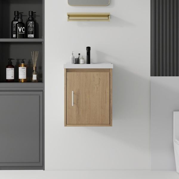 English Elm 16 Inch Floating Vanity with Ceramic Sink Soft Close Cabinet for Small Bathrooms Oak B2775P510790