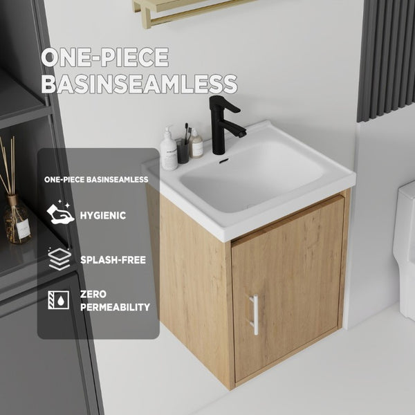 English Elm 16 Inch Floating Vanity with Ceramic Sink Soft Close Cabinet for Small Bathrooms Oak B2775P510790