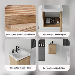 English Elm 16 Inch Floating Vanity with Ceramic Sink Soft Close Cabinet for Small Bathrooms Oak B2775P510790