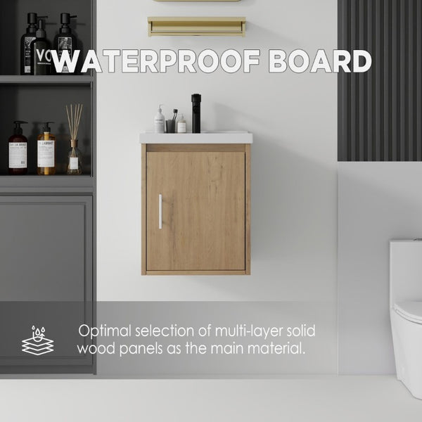 English Elm 16 Inch Floating Vanity with Ceramic Sink Soft Close Cabinet for Small Bathrooms Oak B2775P510790