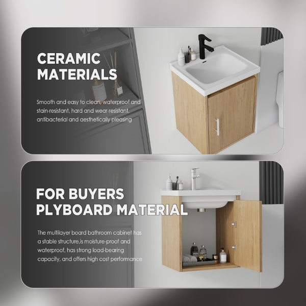 English Elm 16 Inch Floating Vanity with Ceramic Sink Soft Close Cabinet for Small Bathrooms Oak B2775P510790