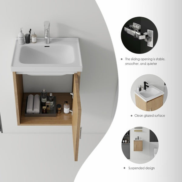 English Elm 16 Inch Floating Vanity with Ceramic Sink Soft Close Cabinet for Small Bathrooms Oak B2775P510790