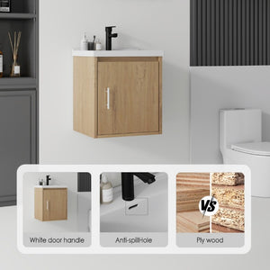 English Elm 16 Inch Floating Vanity with Ceramic Sink Soft Close Cabinet for Small Bathrooms Oak B2775P510790