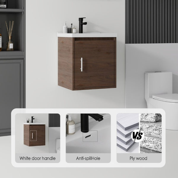 English Elm 16 Inch Floating Vanity with Ceramic Sink Soft Close Cabinet for Small Bathrooms Brown B2775P510791