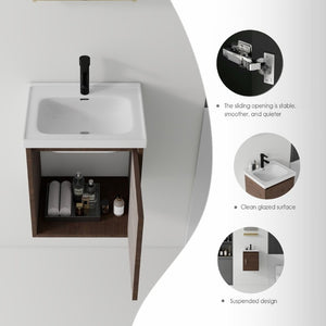 English Elm 16 Inch Floating Vanity with Ceramic Sink Soft Close Cabinet for Small Bathrooms Brown B2775P510791