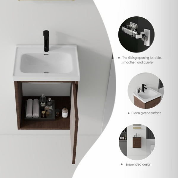 English Elm 16 Inch Floating Vanity with Ceramic Sink Soft Close Cabinet for Small Bathrooms Brown B2775P510791