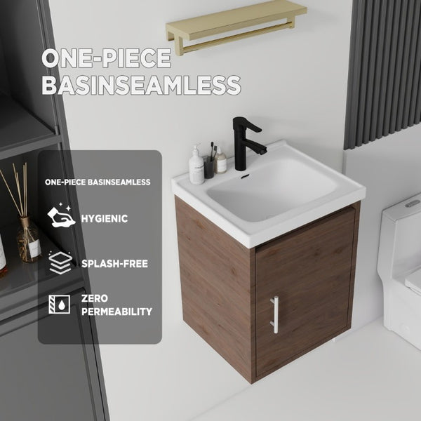English Elm 16 Inch Floating Vanity with Ceramic Sink Soft Close Cabinet for Small Bathrooms Brown B2775P510791