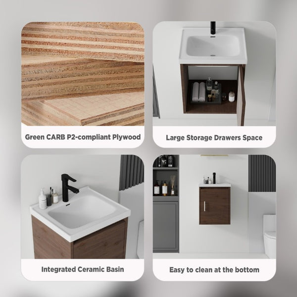 English Elm 16 Inch Floating Vanity with Ceramic Sink Soft Close Cabinet for Small Bathrooms Brown B2775P510791