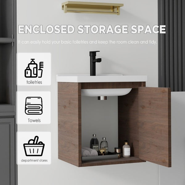 English Elm 16 Inch Floating Vanity with Ceramic Sink Soft Close Cabinet for Small Bathrooms Brown B2775P510791