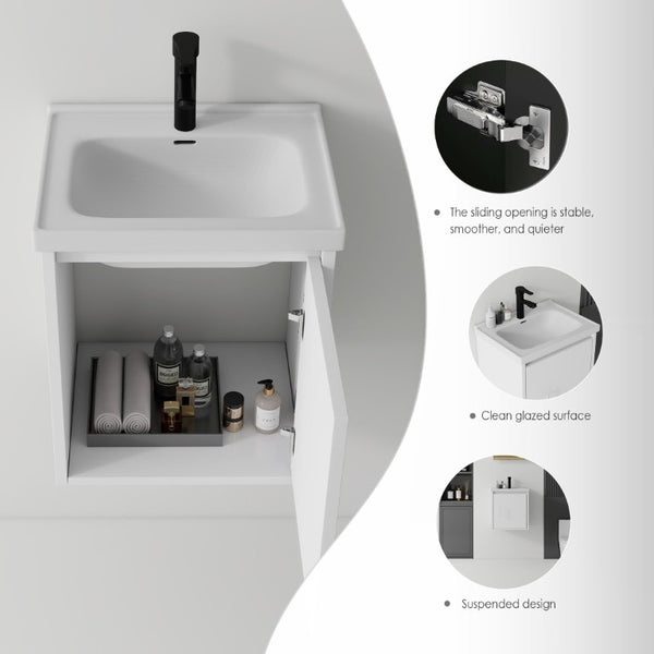 English Elm 20 Inch Floating Bathroom Vanity with Plywood Cabinet and Ceramic Sink for Small Spaces White B2775P510792