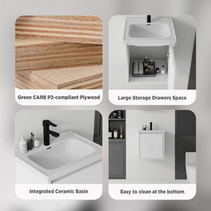 English Elm 20 Inch Floating Bathroom Vanity with Plywood Cabinet and Ceramic Sink for Small Spaces White B2775P510792