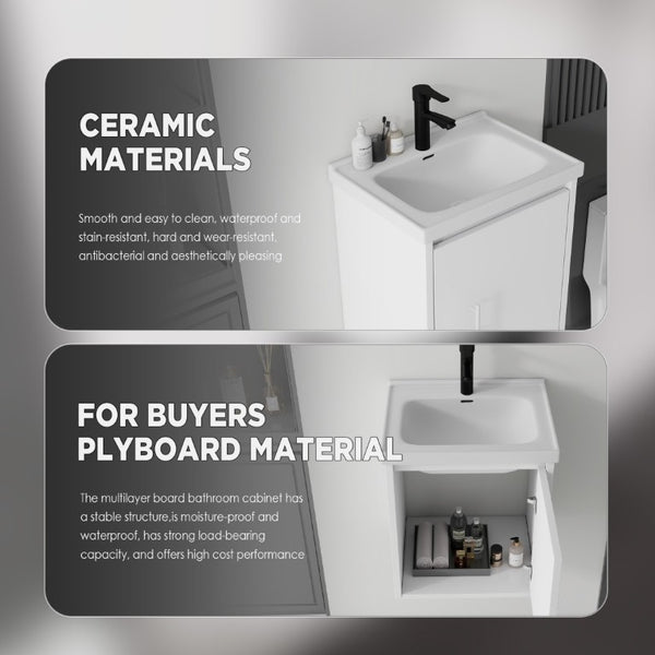 English Elm 20 Inch Floating Bathroom Vanity with Plywood Cabinet and Ceramic Sink for Small Spaces White B2775P510792