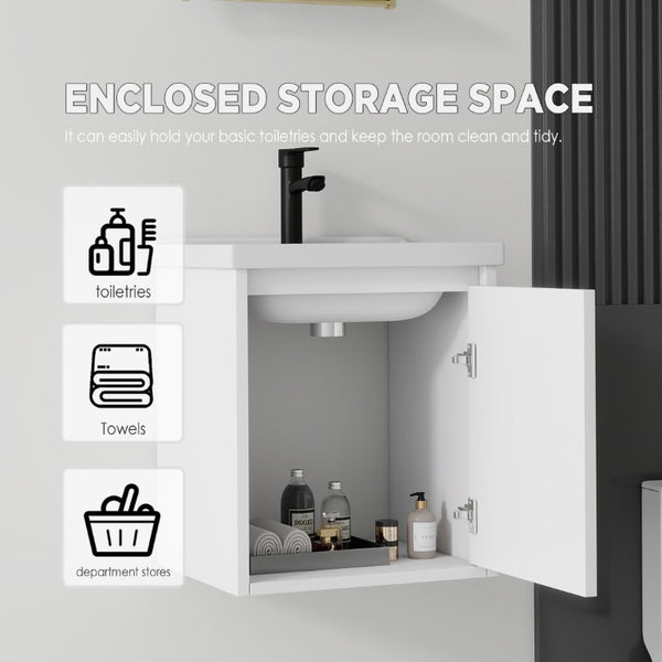English Elm 20 Inch Floating Bathroom Vanity with Plywood Cabinet and Ceramic Sink for Small Spaces White B2775P510792