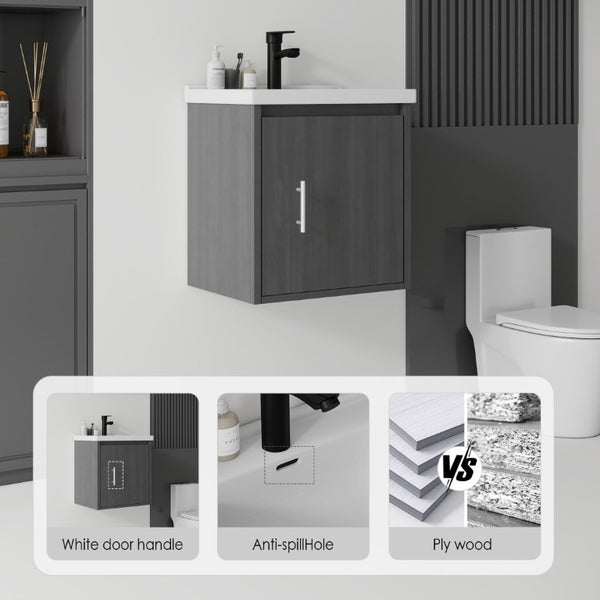 English Elm 20 Inch Floating Bathroom Vanity with Plywood Cabinet and Ceramic Sink for Small Spaces Grey - A B2775P510793