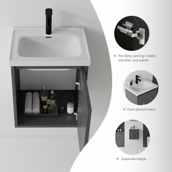 English Elm 20 Inch Floating Bathroom Vanity with Plywood Cabinet and Ceramic Sink for Small Spaces Grey - A B2775P510793